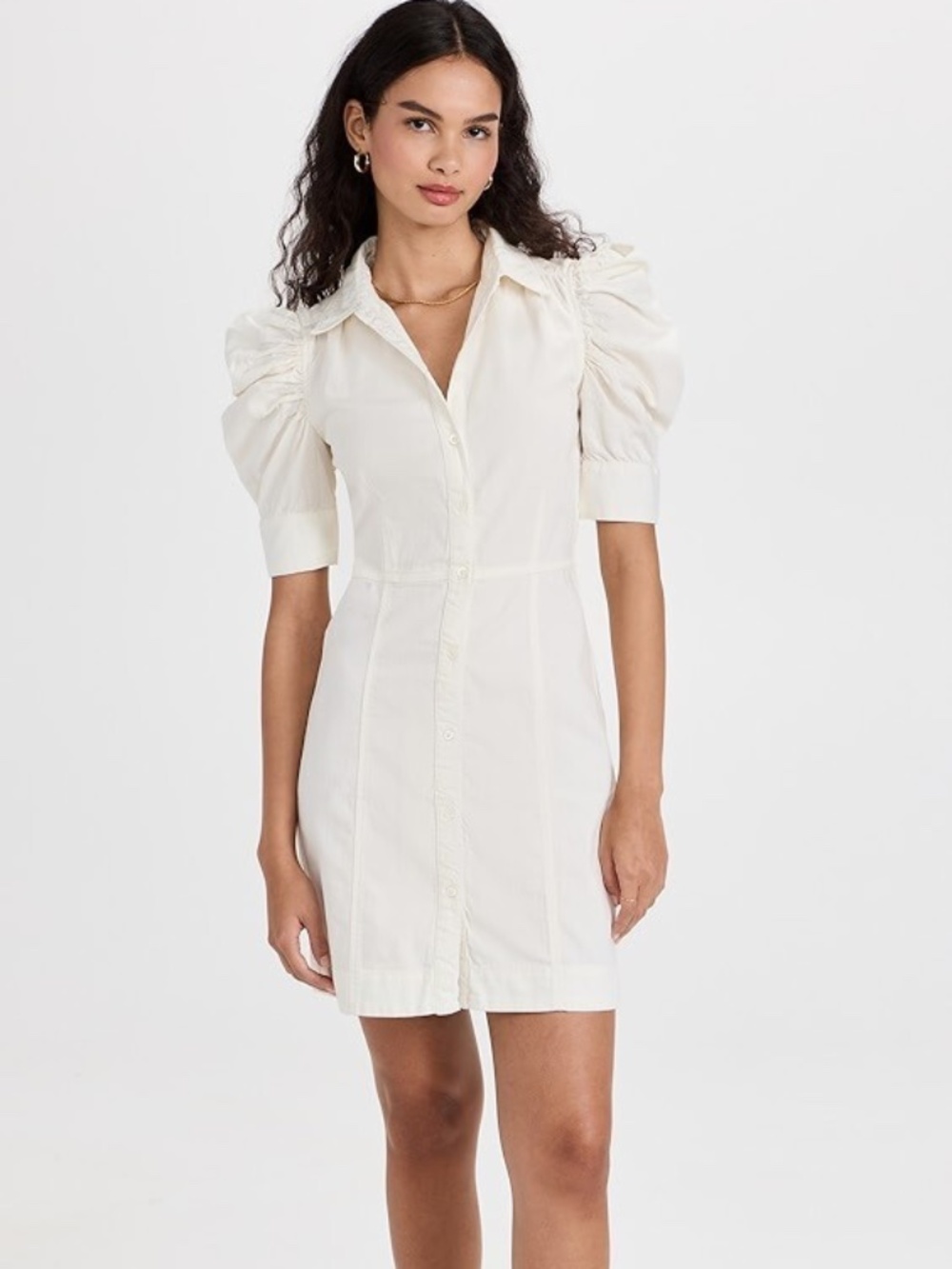FRAME Women’s Gillian Puff Sleeve Dress Button Up Denim Ecru White Size Large
